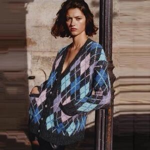 NWT ZARA JEWEL BUTTON ARGYLE KNIT CARDIGAN SIZE S 3920/119/330